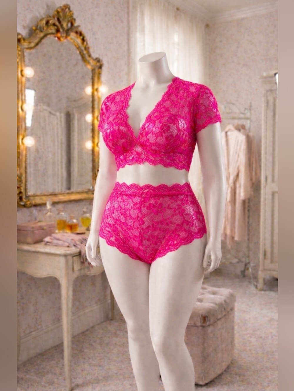 Avidlove Floral Lace Scallop Trim Lingerie Set – Size 14W PINK